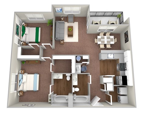 Floor plan for 2 beds, 2 baths, 1168 sqft